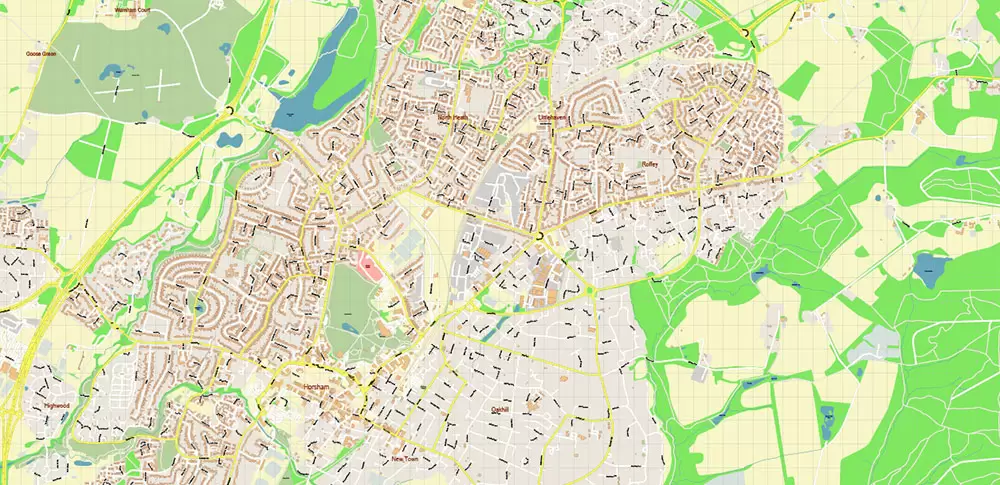 Crawley + Gatwick Airport UK PDF Vector Map: City Plan High Detailed Street Map editable Adobe PDF in layers
