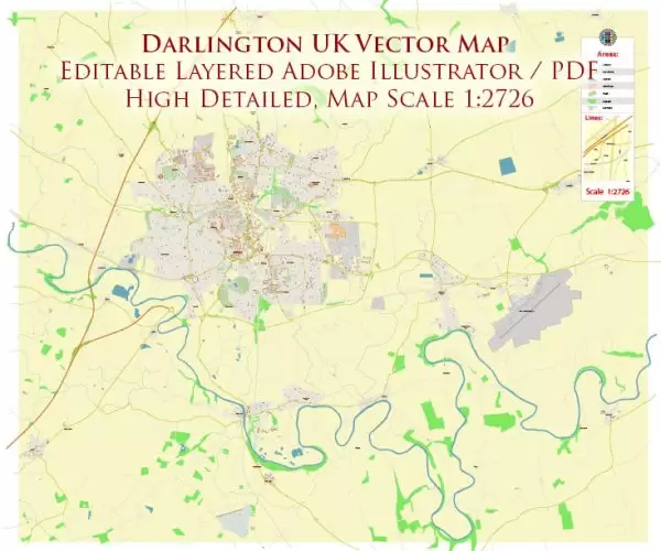 Darlinton UK Map Vector City Plan High Detailed Street Map editable Adobe Illustrator in layers