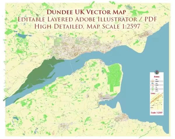 Dundee UK Map Vector City Plan High Detailed Street Map editable Adobe Illustrator in layers