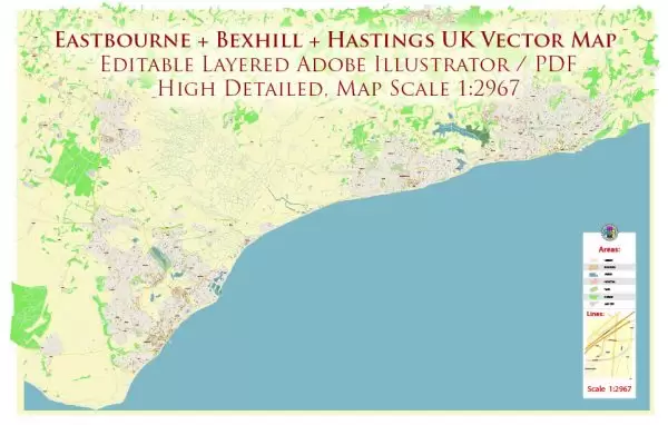 Eastbourne + Bexhill + Hastings UK Map Vector City Plan High Detailed Street Map editable Adobe Illustrator in layers