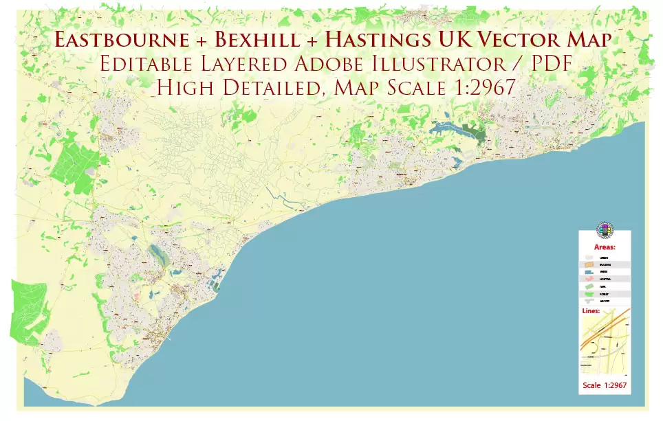 Eastbourne + Bexhill + Hastings UK PDF Vector Map: City Plan High Detailed Street Map editable Adobe PDF in layers