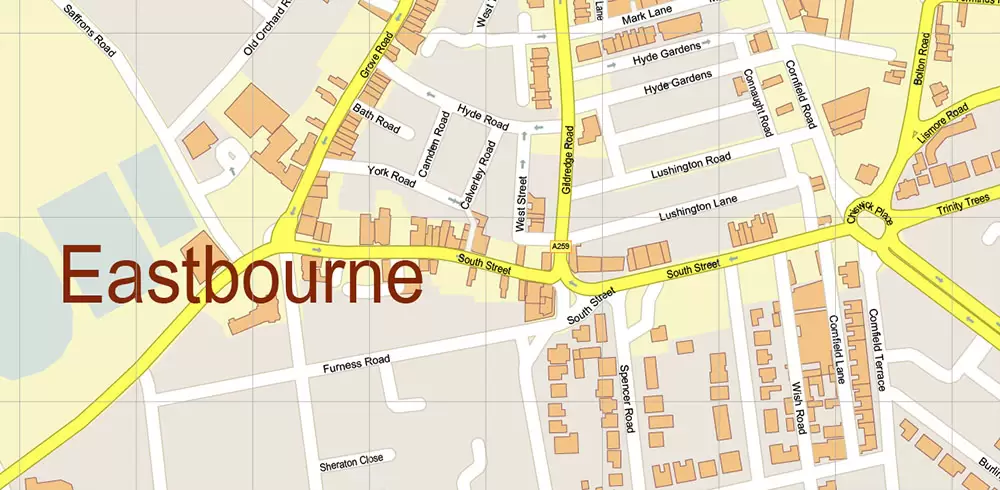 Eastbourne + Bexhill + Hastings UK PDF Vector Map: City Plan High Detailed Street Map editable Adobe PDF in layers