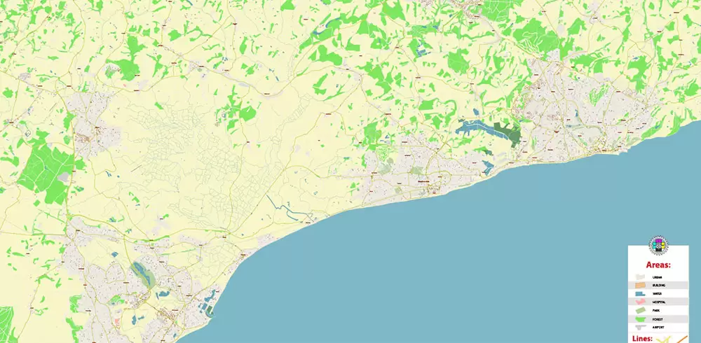Eastbourne + Bexhill + Hastings UK PDF Vector Map: City Plan High Detailed Street Map editable Adobe PDF in layers