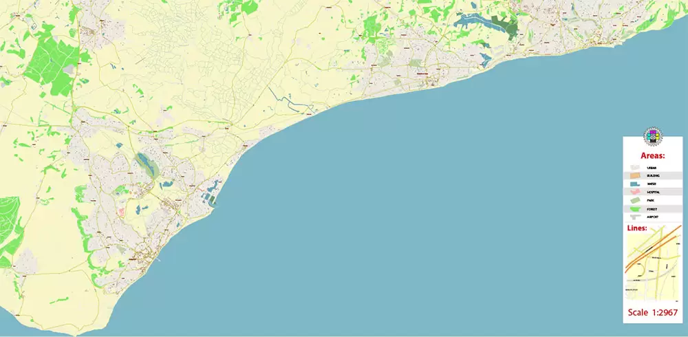 Eastbourne + Bexhill + Hastings UK PDF Vector Map: City Plan High Detailed Street Map editable Adobe PDF in layers