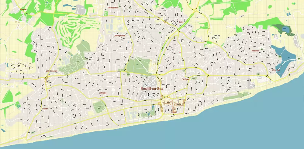Eastbourne + Bexhill + Hastings UK PDF Vector Map: City Plan High Detailed Street Map editable Adobe PDF in layers