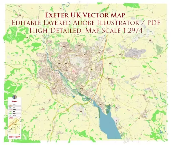 Exeter UK Map Vector City Plan High Detailed Street Map editable Adobe Illustrator in layers