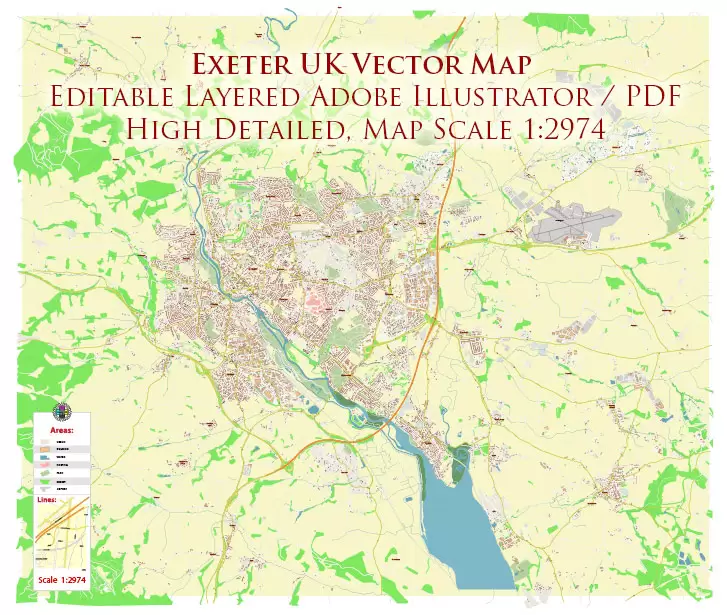 Exeter UK PDF Vector Map: City Plan High Detailed Street Map editable Adobe PDF in layers