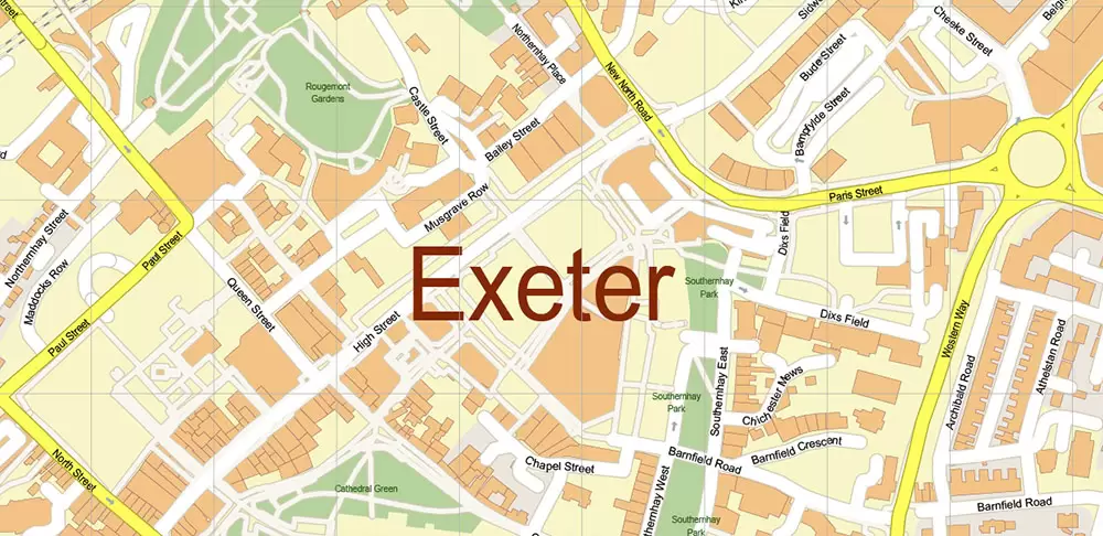 Exeter UK PDF Vector Map: City Plan High Detailed Street Map editable Adobe PDF in layers