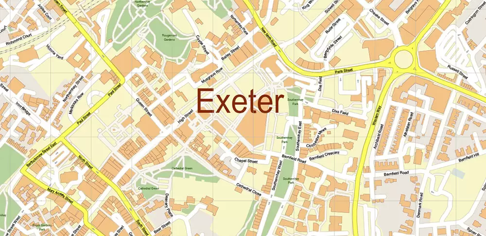 Exeter UK PDF Vector Map: City Plan High Detailed Street Map editable Adobe PDF in layers
