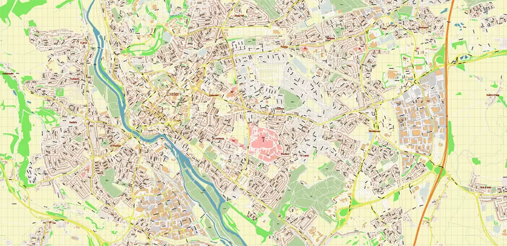Exeter UK PDF Vector Map: City Plan High Detailed Street Map editable Adobe PDF in layers