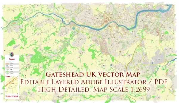 Gateshead UK Map Vector City Plan High Detailed Street Map editable Adobe Illustrator in layers