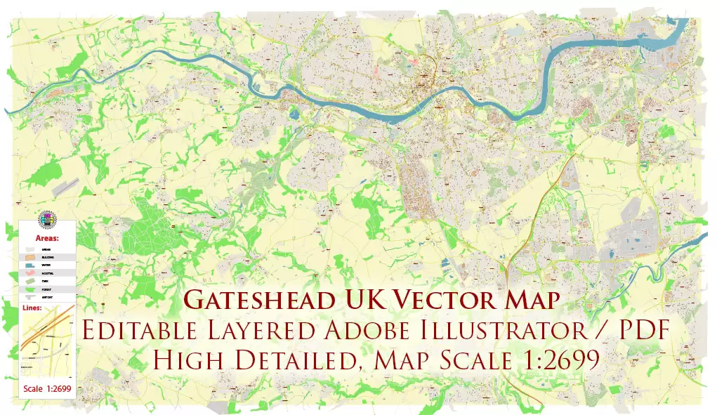 Gateshead UK Map Vector City Plan High Detailed Street Map editable Adobe Illustrator in layers