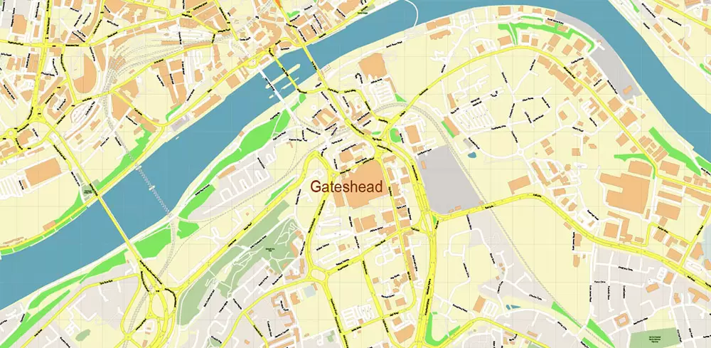Gateshead UK Map Vector City Plan High Detailed Street Map editable Adobe Illustrator in layers