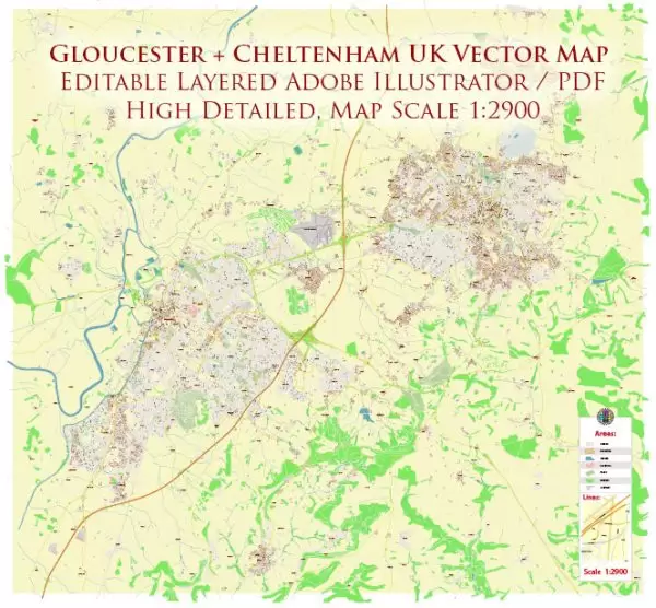 Gloucester + Cheltenham UK Map Vector City Plan High Detailed Street Map editable Adobe Illustrator in layers