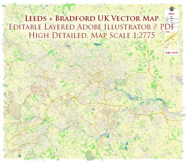 Leeds + Bradford UK Map Vector City Plan High Detailed Street Map editable Adobe Illustrator in layers