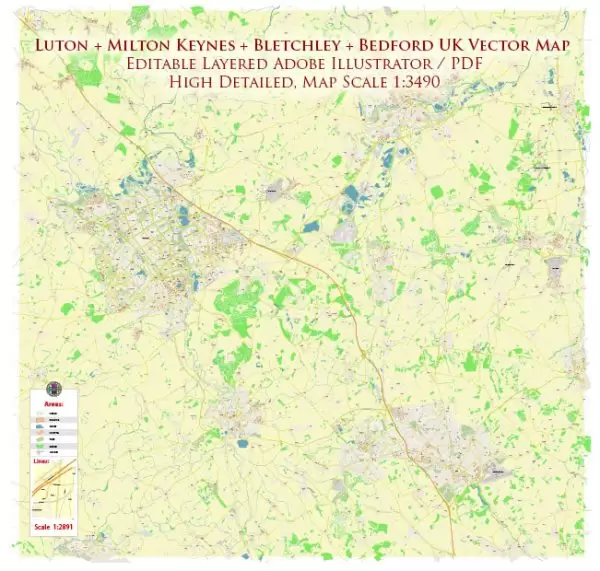 Luton + Milton Keynes + Bedford + Bletchley UK Map Vector City Plan High Detailed Street Map editable Adobe Illustrator in layers