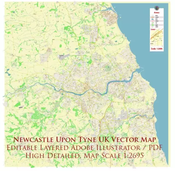 Newcastle Upon Tyne UK Map Vector City Plan High Detailed Street Map editable Adobe Illustrator in layers