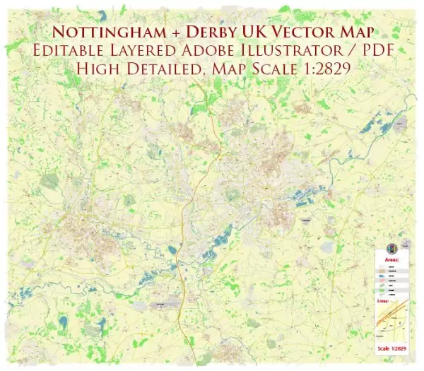 Nottingham + Derby UK Map Vector City Plan High Detailed Street Map editable Adobe Illustrator in layers