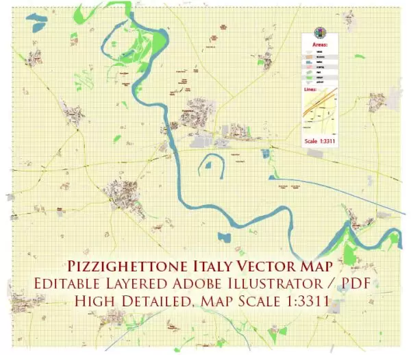 Pizzighettone Italy Map Vector City Plan High Detailed Street Map editable Adobe Illustrator in layers