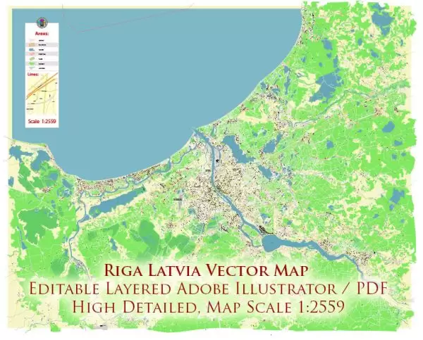 Riga Latvia Map Vector City Plan High Detailed Street Map editable Adobe Illustrator in layers