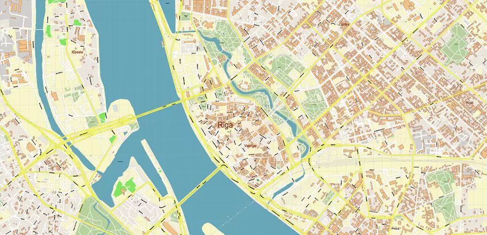 Riga Latvia Map Vector City Plan High Detailed Street Map editable Adobe Illustrator in layers