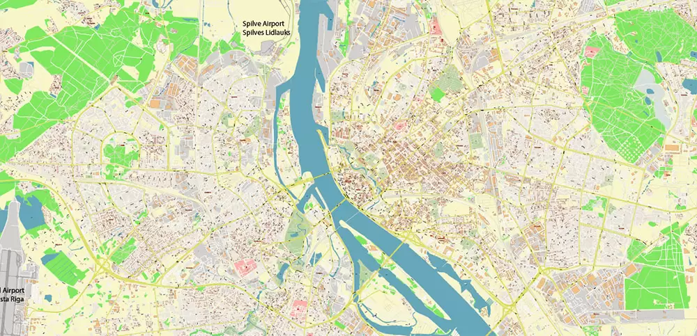 Riga Latvia Map Vector City Plan High Detailed Street Map editable Adobe Illustrator in layers
