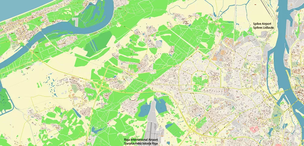 Riga Latvia Map Vector City Plan High Detailed Street Map editable Adobe Illustrator in layers