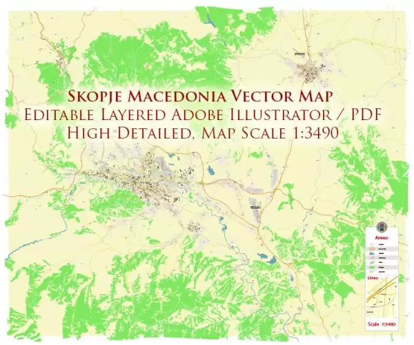 Skopje Macedonia Map Vector City Plan High Detailed Street Map editable Adobe Illustrator in layers