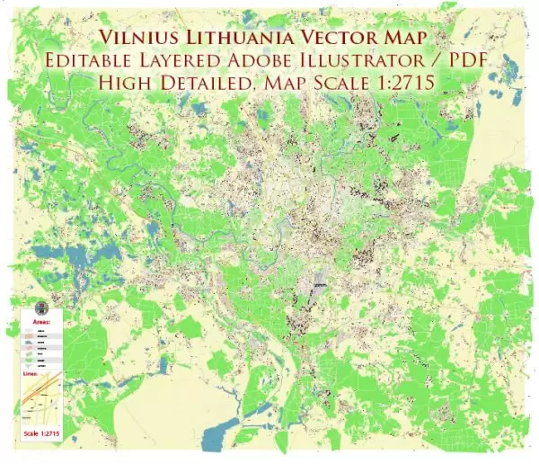 Vilnius Lithuania Map Vector City Plan High Detailed Street Map editable Adobe Illustrator in layers