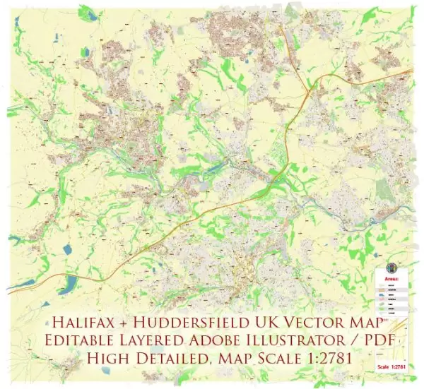 Halifax + Huddersfield UK Map Vector City Plan High Detailed Street Map editable Adobe Illustrator in layers