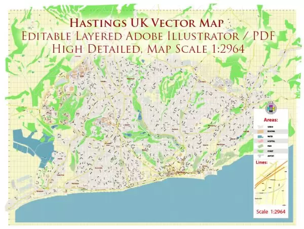 Hastings UK Map Vector City Plan High Detailed Street Map editable Adobe Illustrator in layers