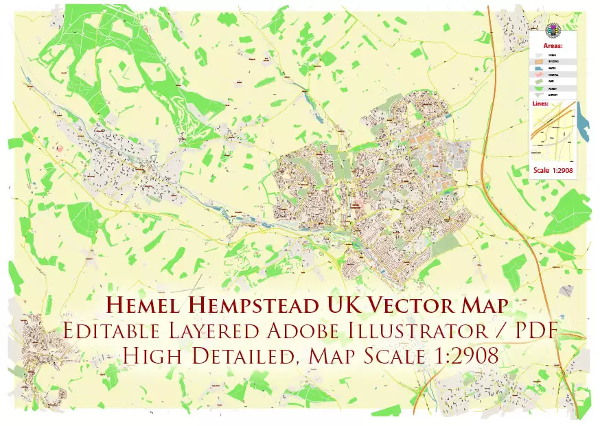 Hemel Hempstead UK PDF Vector Map: City Plan High Detailed Street Map editable Adobe PDF in layers