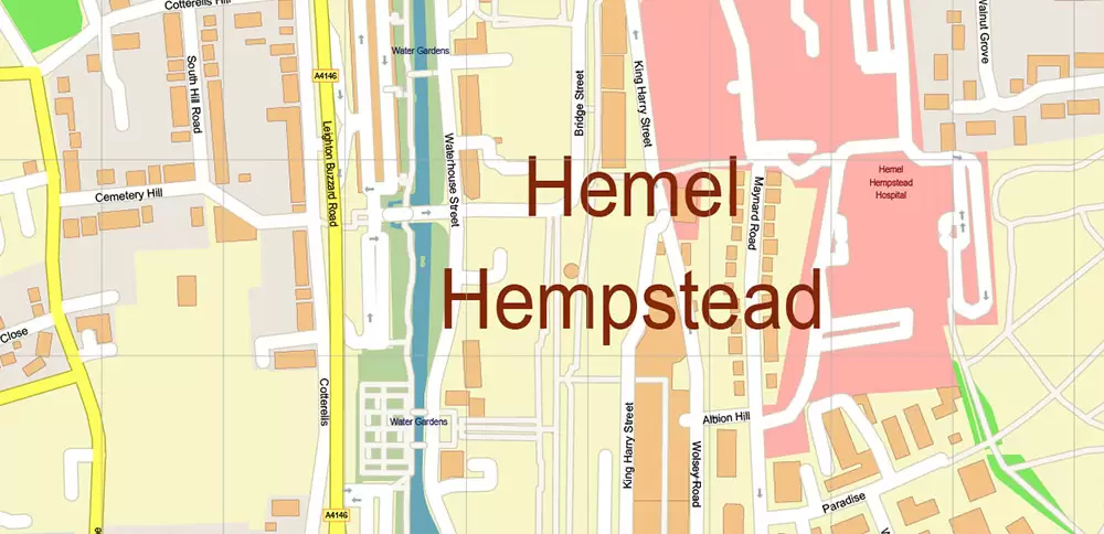 Hemel Hempstead UK PDF Vector Map: City Plan High Detailed Street Map editable Adobe PDF in layers