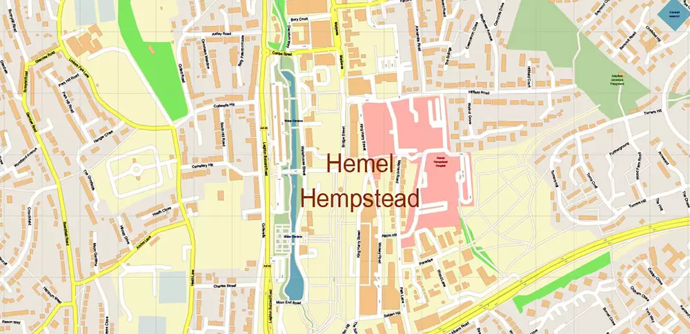 Hemel Hempstead UK PDF Vector Map: City Plan High Detailed Street Map editable Adobe PDF in layers