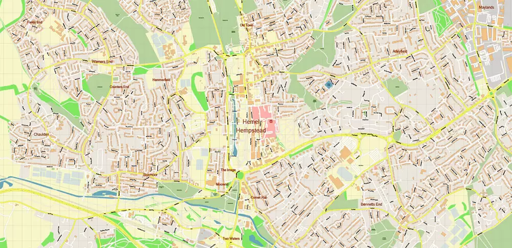 Hemel Hempstead UK PDF Vector Map: City Plan High Detailed Street Map editable Adobe PDF in layers