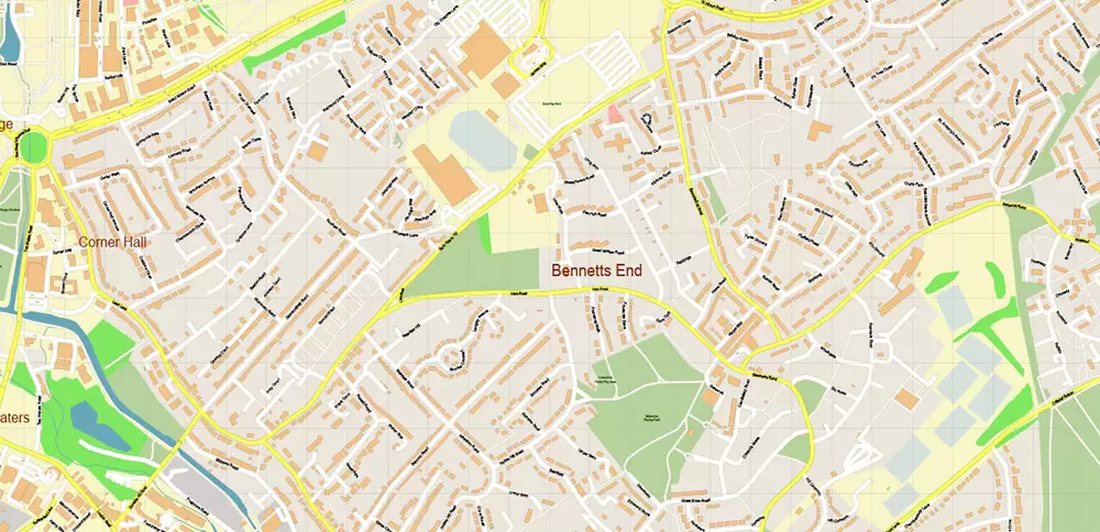 Hemel Hempstead UK PDF Vector Map: City Plan High Detailed Street Map editable Adobe PDF in layers