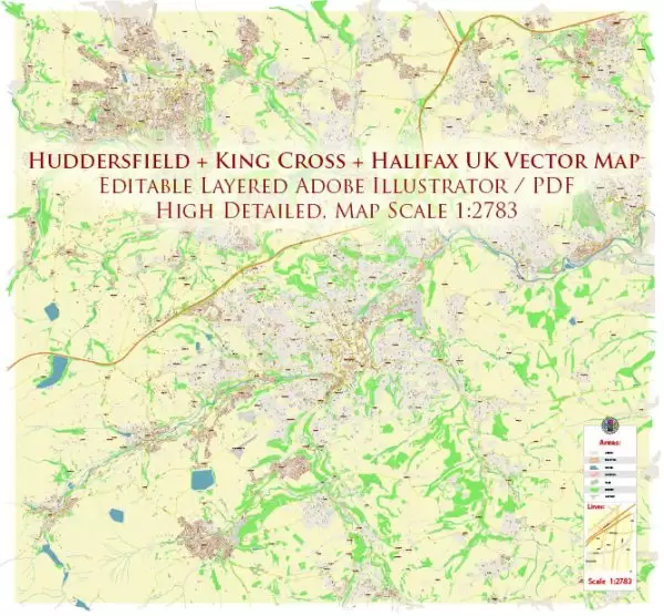 Huddersfield + King Cross + Halifax UK Map Vector City Plan High Detailed Street Map editable Adobe Illustrator in layers