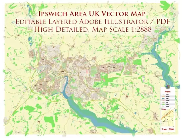 Ipswich UK Map Vector City Plan High Detailed Street Map editable Adobe Illustrator in layers