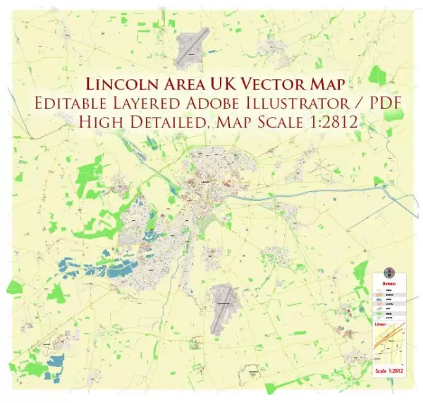 Lincoln UK Map Vector City Plan High Detailed Street Map editable Adobe Illustrator in layers