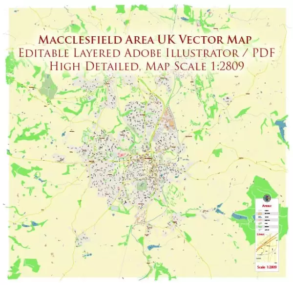 Macclesfield UK Map Vector City Plan High Detailed Street Map editable Adobe Illustrator in layers