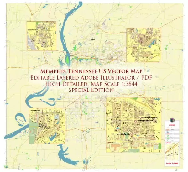 Memphis Tennessee US Map Vector City Plan High Detailed Street Map editable Adobe Illustrator in layers + Fragments special edition