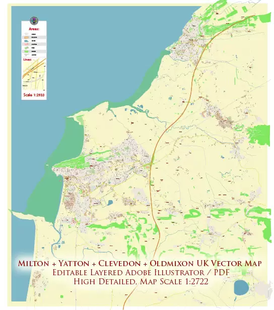 Milton + Yatton + Clevedon + Oldmixon UK Map Vector City Plan High Detailed Street Map editable Adobe Illustrator in layers