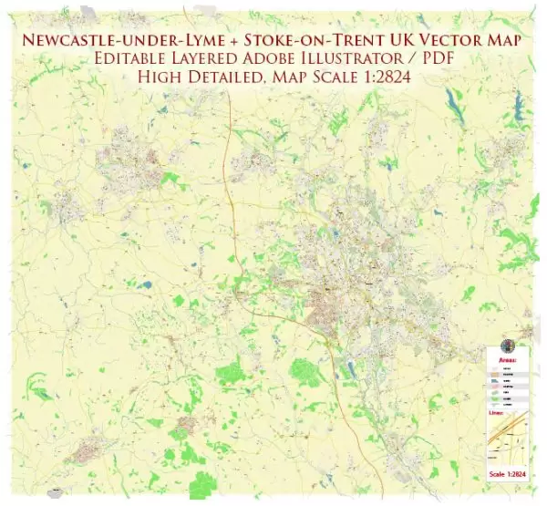 Newcastle-under-Lyme + Stoke-on-Trent UK Map Vector City Plan High Detailed Street Map editable Adobe Illustrator in layers