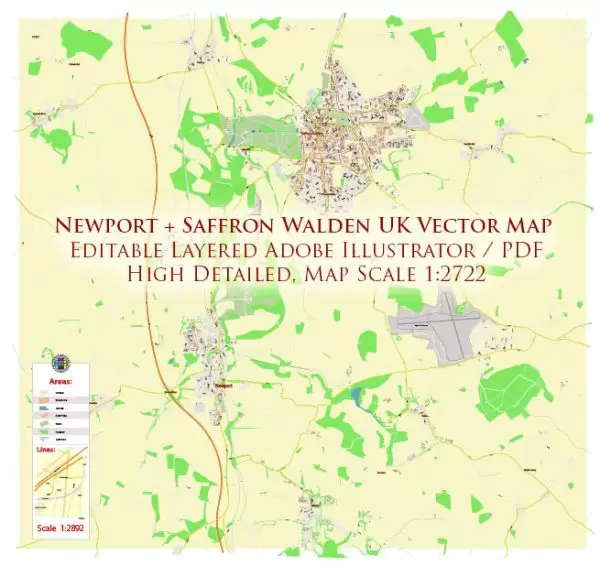 Newport + Saffron Walden UK Map Vector City Plan High Detailed Street Map editable Adobe Illustrator in layers
