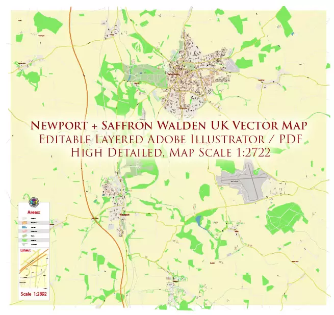Newport + Saffron Walden UK Map Vector City Plan High Detailed Street Map editable Adobe Illustrator in layers