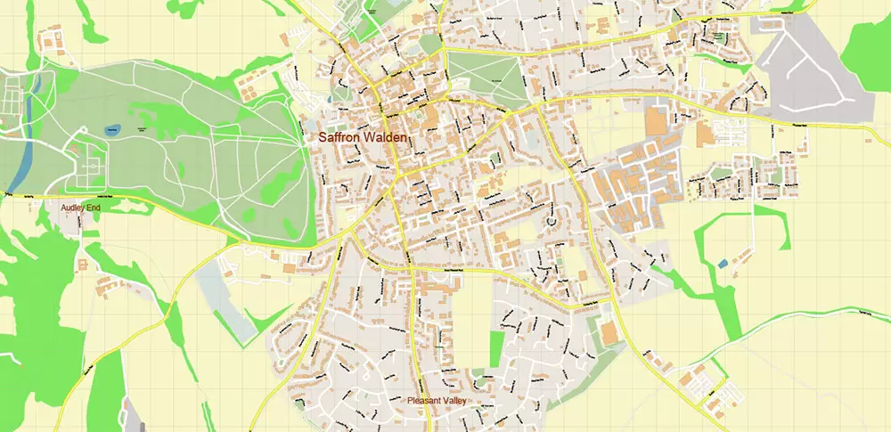 Newport + Saffron Walden UK Map Vector City Plan High Detailed Street Map editable Adobe Illustrator in layers