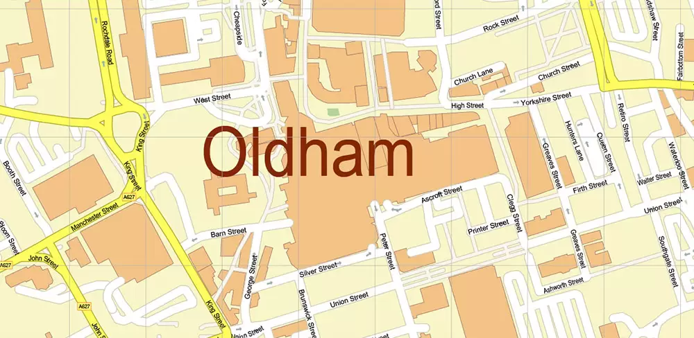 Oldham + New Moston + Rochdale UK Map Vector City Plan High Detailed Street Map editable Adobe Illustrator in layers