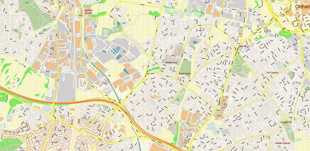 Oldham + New Moston + Rochdale UK Map Vector City Plan High Detailed Street Map editable Adobe Illustrator in layers