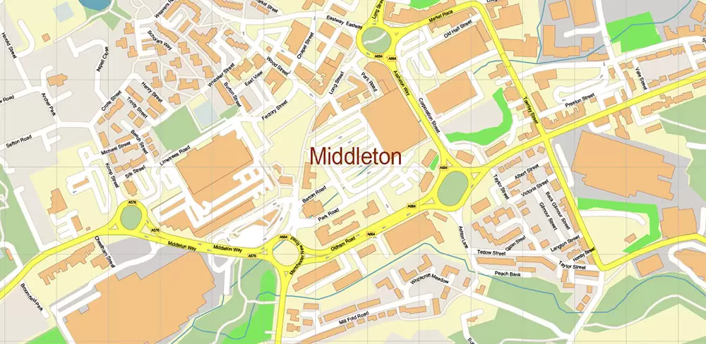 Oldham + New Moston + Rochdale UK Map Vector City Plan High Detailed Street Map editable Adobe Illustrator in layers
