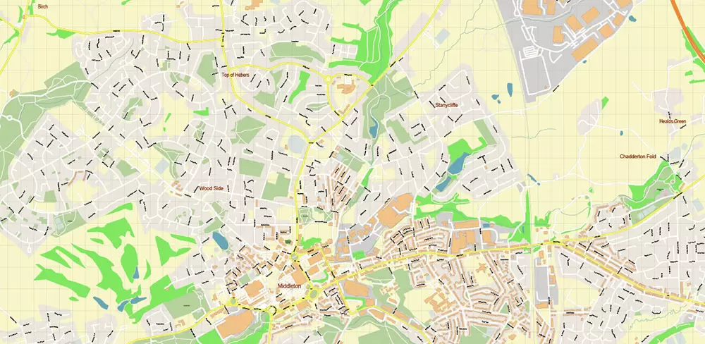 Oldham + New Moston + Rochdale UK Map Vector City Plan High Detailed Street Map editable Adobe Illustrator in layers
